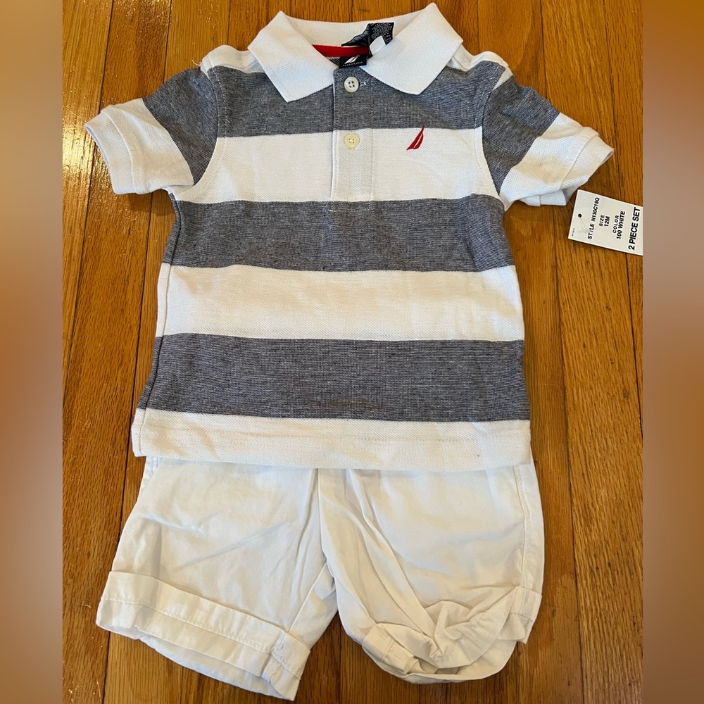 NWT- Boys 12 months Nautica polo shirt and white shorts outfit